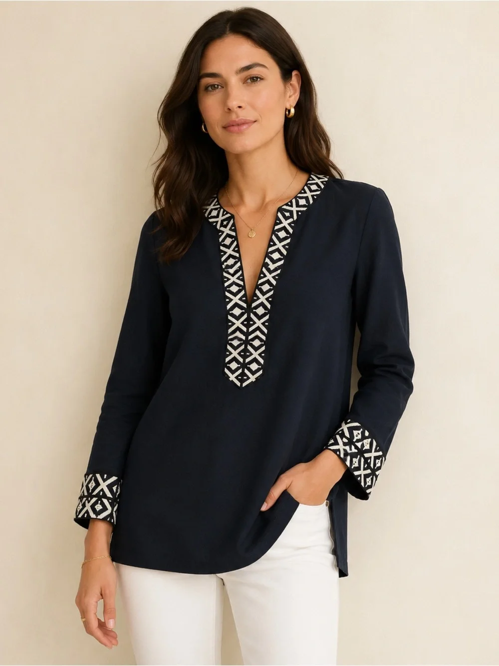 Tory Burch Tunic with Taping Navy Geometric Trim NWT Size 6